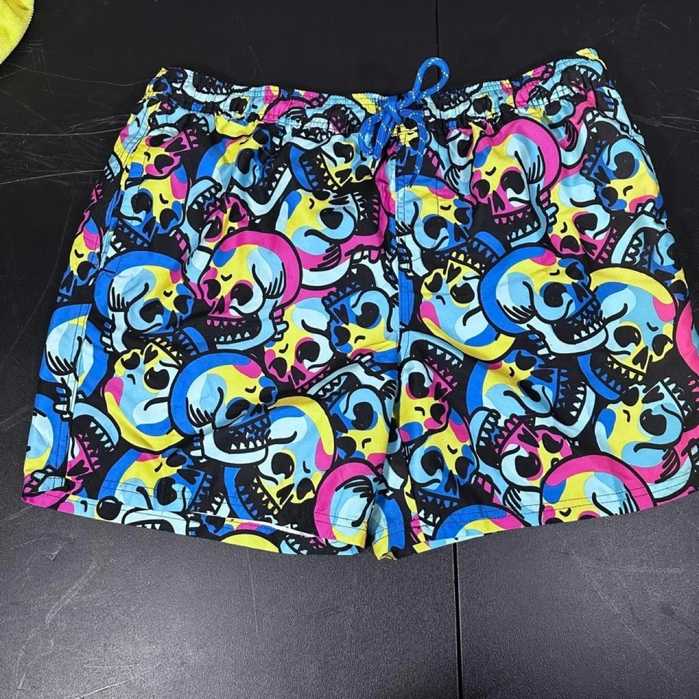 No Boundaries Mens Neon Skull Print Swim Trunks Blue Pink Yellow Large 36-38